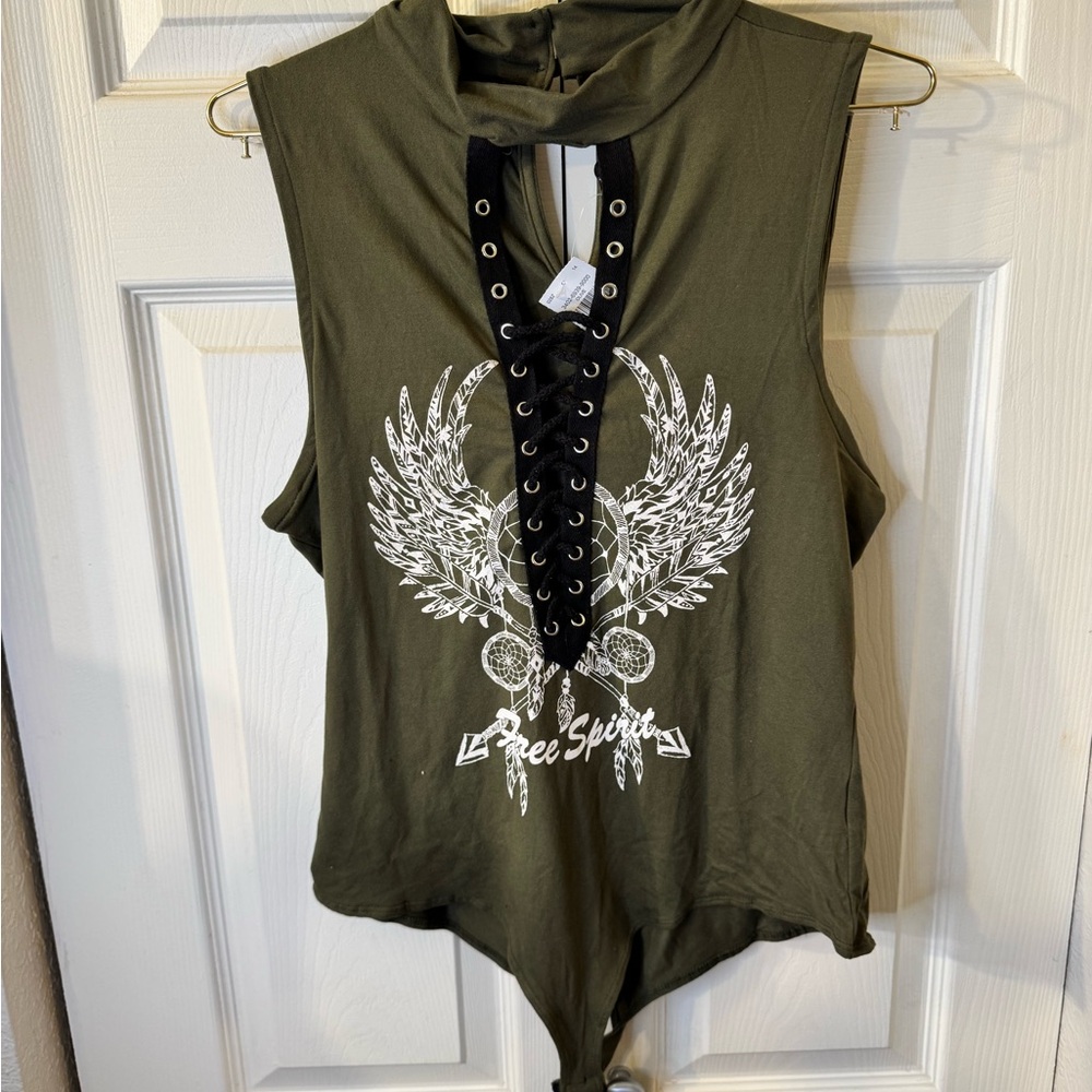 Iris Olive Bodysuit with Lace-Up and Graphic